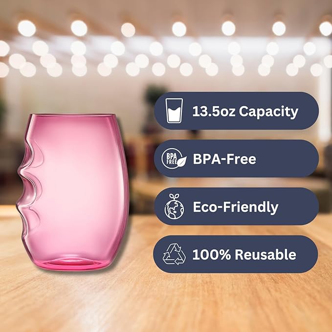 Unbreakable European Plastic Crystal, Stemless Wine Glasses | Set of 4, 13.5 OZ | Acrylic Tritan Set with 3-Finger Indentations - Pastel Colored Tumbler Set, BPA Free, Reusable, Naturally Aerates Wine