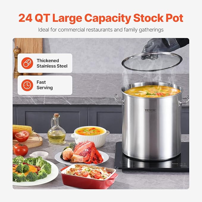 VEVOR Stainless Steel Stockpot, 24 Quart Cooking Pots, Cookware Sauce Pot with Lid, and Handle, Heavy Duty Commercial Grade Stock Pot, Sanding Treatment, for Steaming Boiling or Frying Silver