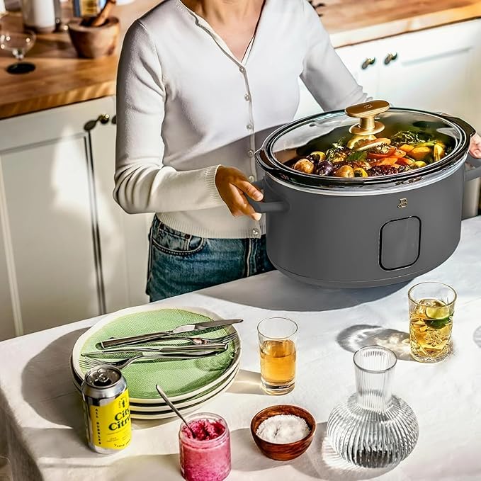 Beautiful 6 Qt Programmable Slow Cooker by Drew Barrymore - 5 Preset Cooking Functions, Digital Countdown Timer, Dishwasher-Safe Parts, and Cool-Touch Handles (Oyster Grey)