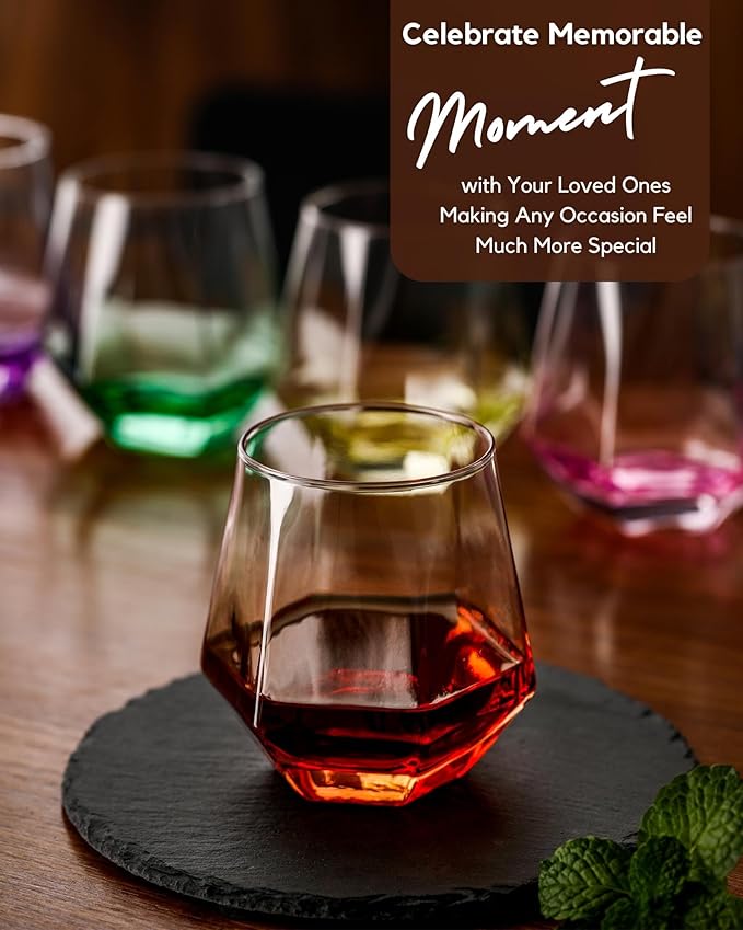 ColoVie Stemless Wine Glasses Set of 6, Cocktail Glasses, Diamond Shaped Wine Glasses for White or Red Wine, Unique Colorful Drinking Glasses,10 oz Easy Hold, Cute, Dishwasher Safe