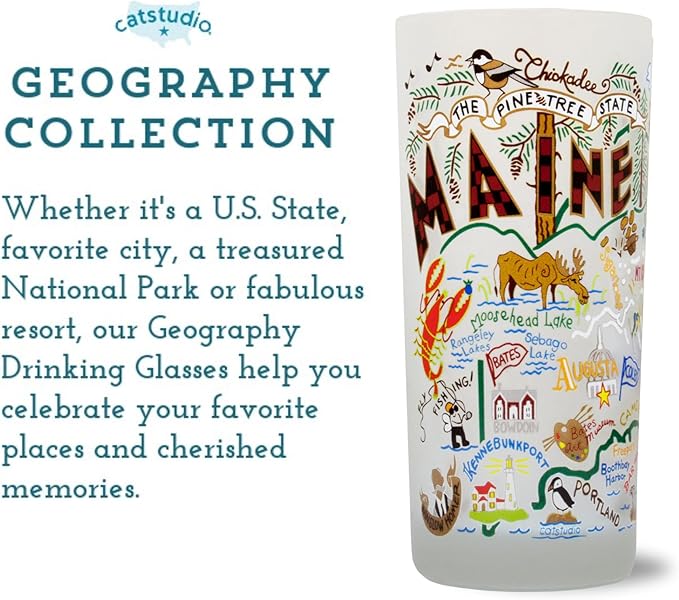 Catstudio Drinking Glass, Maine Frosted Glass Cup for Kitchen, Drinking Glasses, 15oz Dishwasher Safe Tumbler for Maine Lovers