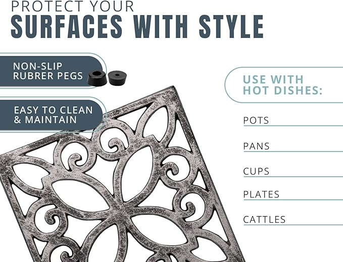Comfify Decorative Cast Iron Trivet – Square Pattern for Kitchen or Dining Table – 6.5 x 6.5 with Rubber Feet – Recycled Metal – Rustic Design – Rust Silver Color