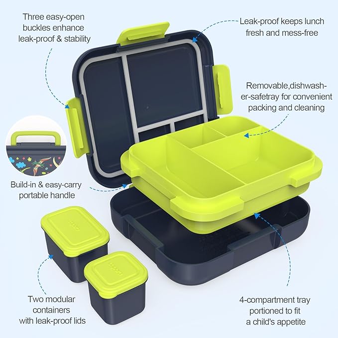 Caperci Bento Box for Kids - Leak-Proof Lunch Box Snack Container with 2 Modular Containers & 4-Compartment, Hold 4.8 Cups, Portable Handle, BPA-Free, Microwave/Dishwasher Safe (Dinosaur)