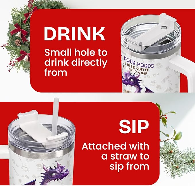 34HD Purple Dragon Tumbler with Handle & Straw, 40oz Stainless Steel Vacuum Insulated My Four Moods Coffee Mug, Dragon Gifts for Men Women Best Friend, Funny Birthday Gift Ideas