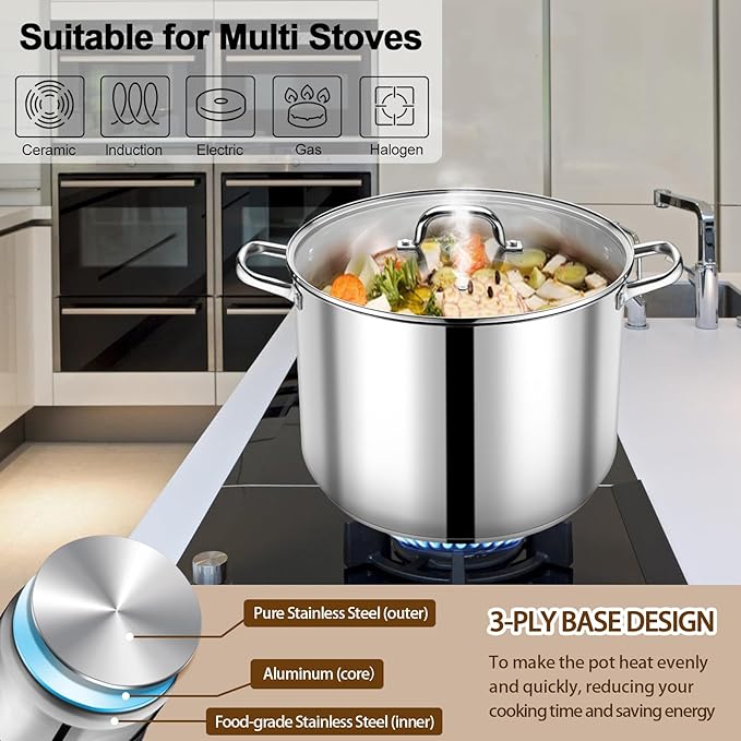 P&P CHEF 24 QT Stock Pot with Lid, Stainless Steel Large Cooking Pot, Soup Canning Stockpot for Stewing Simmering, Tri-ply Bottom for All Stoves, Heavy-Duty &Dishwasher Safe & Food-Grade