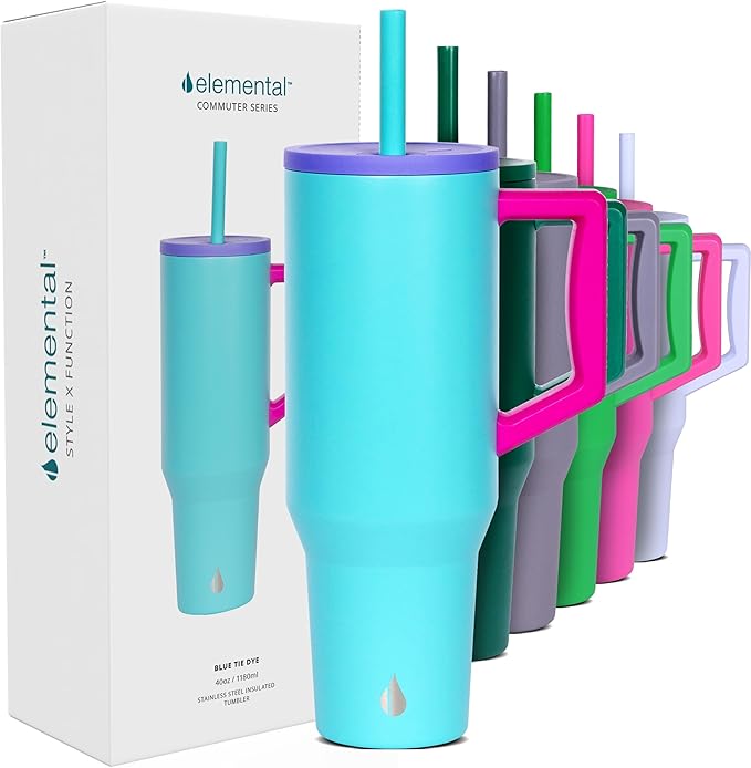 Elemental 40 oz Tumbler with Handle and Straw - Spill Proof Insulated Stainless Steel Commuter for Hot and Cold Beverages - Travel Coffee Mug with 2 Straws & Spill Proof Lid - 40oz - Blue Tie Dye