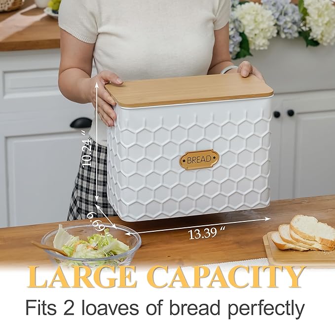 Extra Large Bread Box for Kitchen Countertop Corner Breadbox for Homemade Bread Metal White Honeycomb Pattern Embossed Bread Storage Container Bin with Bamboo Lid Fits 2 Loaves of Bread