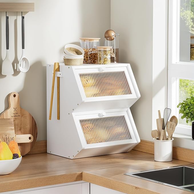 WOWLIVE Double Layer Bread Box for Kitchen Countertop, Large Bamboo Bread Storage Container for Homemade Bread, Farmhouse Bread Holder for Kitchen Counter Cabinet, Pantry, Cupboard (White, Medium)