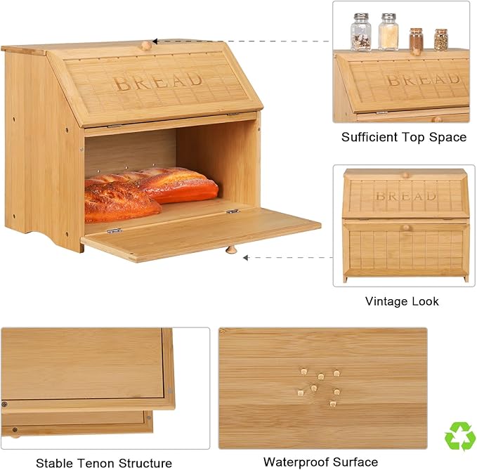 HOMEKOKO Vintage Double Layer Large Bread Box for Kitchen Counter, Retro Design Wooden Large Capacity Bread Storage Bin (Natural Bamboo)