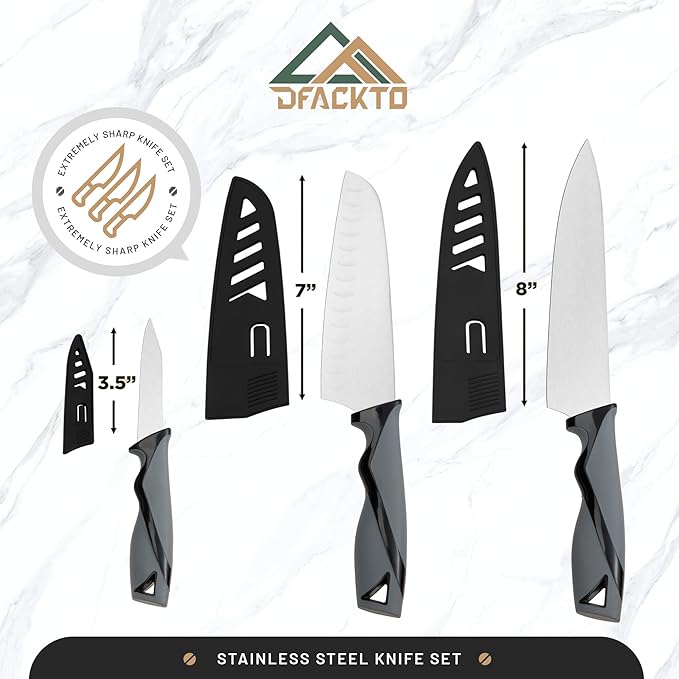 DFACKTO 7-Piece Kitchen Knife Set with Vegetable Peeler without Block – Stainless Steel Knives for Kitchen, Dishwasher Safe Cooking Knife Set with Covers, Sharp Cutting Knives for Cooking – Black Gray