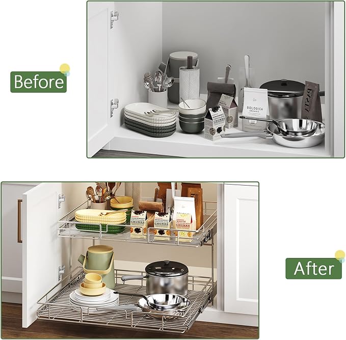 2 Tier Individual Pull Out Cabinet Organizer 27" W x 21½" D, Heavy Duty Cabinet Pull Out Shelves, Slide Out Drawers Organization for Kitchen Cabinets Bathroom