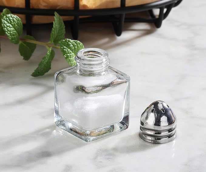 New Star Foodservice 22254 Glass Cube Mini Salt and Pepper Shaker with Stainless Steel Top, 0.5-Ounce, Set of 48