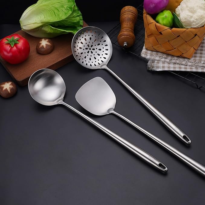 17” Wok Spatula and Ladle, Skimmer Spoon - 304 Stainless Steel Wok Tools Set, 3-Pieces Extra Long Handle Cooking Tools, All Metal Wok Utensils and Wok Accessories for Cast Iron/Carbon Steel Wok