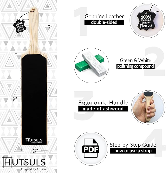 Hutsuls Leather Strop for Knife Sharpening - Get Razor-Sharp Edges with 3" x 9" Double Sided Paddle Strop Block, Easy to Use Knife Strop with Ergonomic Handle & Stropping Leather Knife Sharpener Guide
