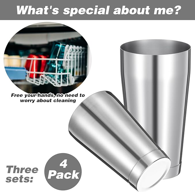 4 Pack Cocktail Shakers Professional Bar Shaker Boston Set Stainless Steel Martini Drink Mixer Basic Tool Weighted Shake Metal Can Cocktail Shaker Set(Silver)