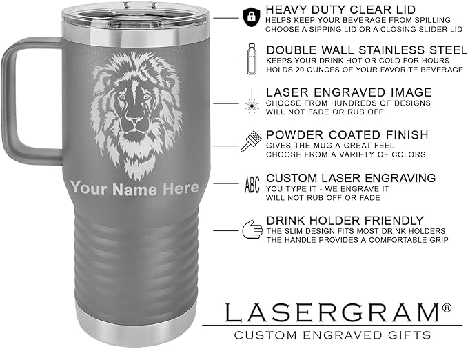 20oz Vacuum Insulated Travel Mug with Handle, Tiki Statue, Personalized Engraving Included (Gray)