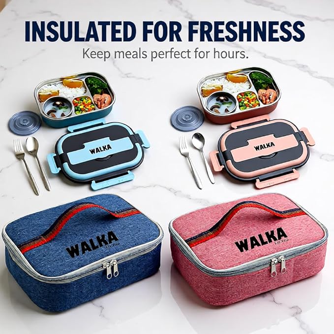 WALKA Lunch Box Stainless Steel, Metal Bento Boxes Leak-Proof, 4 Compartments Bento Lunch Box, Food Storage Containers, Dishwasher Safe with Bag (Pink)