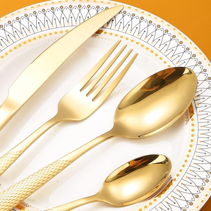 Hammered Silverware Set Gold Modern Stainless Steel Flatware for 4 Forks Knives and Spoons Party Dinning Utensils Elegant Creative Design Handle Festival Parties Everyday Use