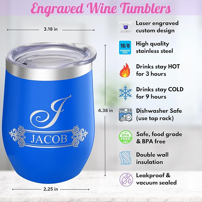 Gifts Inscribed Personalized Wine Tumbler with Lid – Blue Custom Engraved Stainless Steel Insulated Mug for Hot & Cold Drinks – Customized Bridesmaid, Wedding, or Birthday Gift