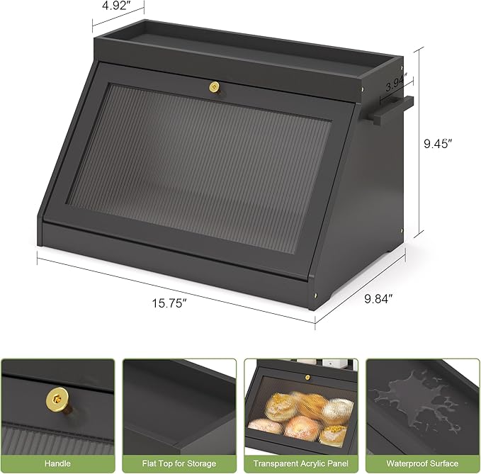 Bamboo Bread Box with Shelf for Kitchen Counter-Large Capacity Bread Storage Container with Wavy Arcylic Transparent Door Bamboo Wooden Farmhouse Bread Box for Your House (Black)