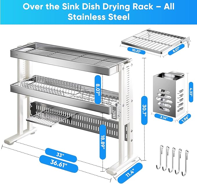 Large Over The Sink Dish Drainer Drying Rack，2 Tier Large Capacity Stainless Steel Dish Drying Rack Over Sink, Multifunctional Kitchen Organizers and Storage Dish Rack 304 Silver, Double Layer)