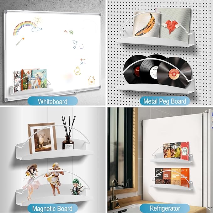2 Pcs Magnetic Metal Book Shelves, 11.8'' x 4.7'' x 2.2'', Special for Whiteboard, Classroom and Fridge Storage, Holds up to 12 lbs