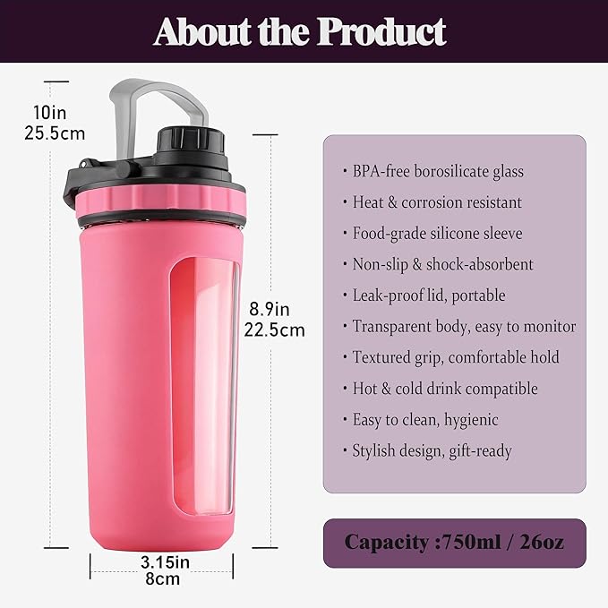 Glass Shaker Cup Odorless BPA Free– Glass Shaker Bottle for Protein 26oz Durable Borosilicate Glass, Leak-Proof & BPA-Free – Ideal for Creamy Protein Shakes, Smoothies & Workout Drinks (Pink)