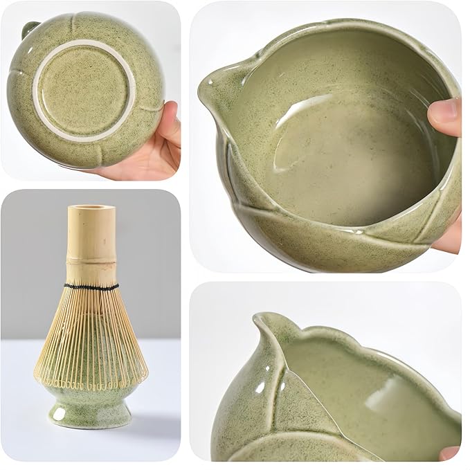 8 traditional matcha bowls with spouts, ceramic matcha bowls (Chawan), matcha mixing bowls for stirring matcha, tulip style (green)