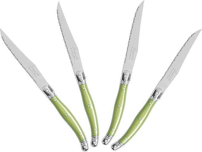 French Home Laguiole 4-Piece Steak Knife Set – Sophisticated Stainless Steel Dinner Knives with Spring Green Handles & Iconic Bee Emblem – Serrated Knives for Smooth Cutting (9.25")