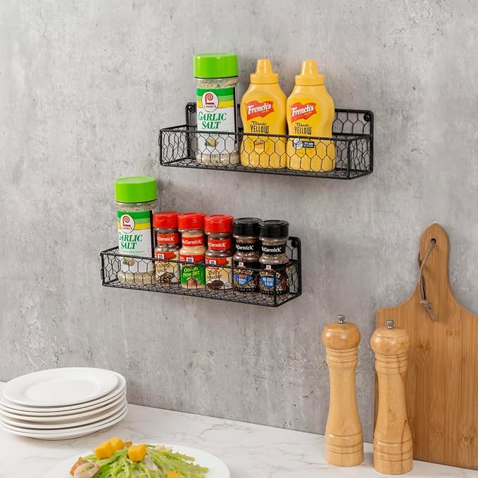 MyGift 2 Pcs Spice Rack Wall Mount, Small Seasoning Shelf Organizer, 12-Inch Chicken Hanging Kitchen Condiment Storage Display, Black Wire