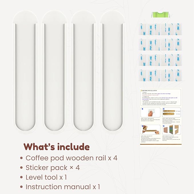 Bamboo Coffee Pod Holder, Adhesive Wall Mount for Cabinet Door, 20-Capsule Storage (Set of 4) — Vertical/Horizontal — Compatible with Nespresso Vertuo Line-White