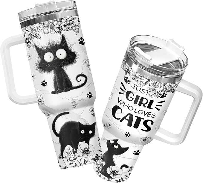 34HD Funny Black Cat Tumbler with Handle and Straw, 40oz Stainless Steel Vacuum Insulated Kitty Coffee Mug, Cat Lover Gifts for Women Birthday Mothers Day Halloween Christmas