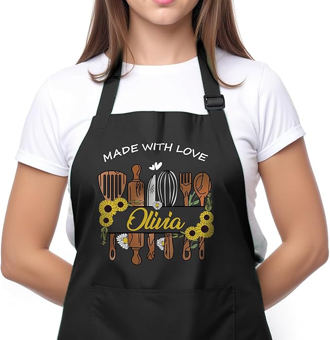 Custom Apron for Mom, Mother's Day Gift for Mom with Name, Personalized Kitchen Gifts for Mother, Women, Wife, Adjustable Customized Baking Kitchen Cooking Apron - Personalized Mom Gifts from Husband