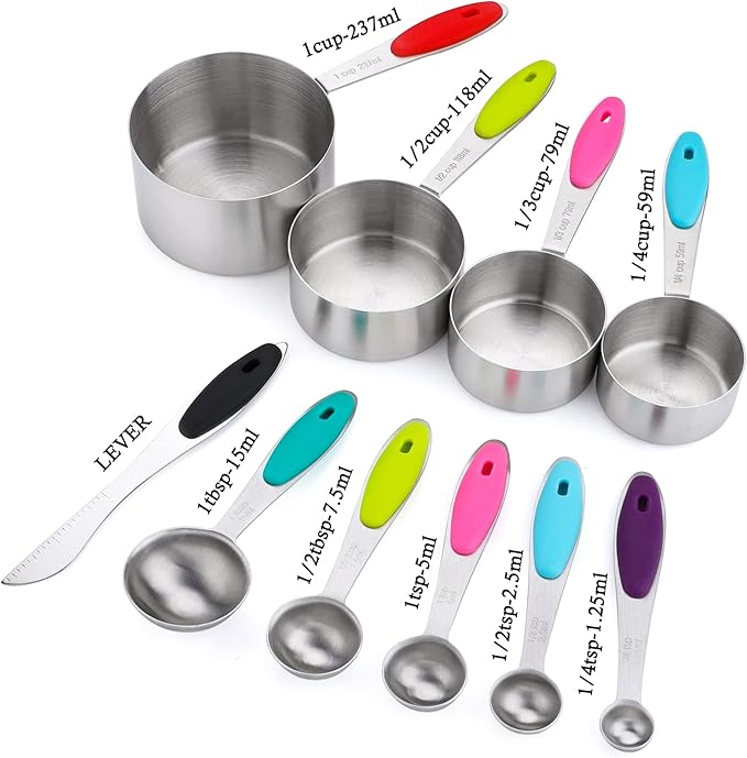 Measuring Cups and Spoons Set Stainless Steel Includes 4 Measuring Cups 5 Measuring Spoons and 1 Leveler for Dry or Liquid Ingredients (C4S6)