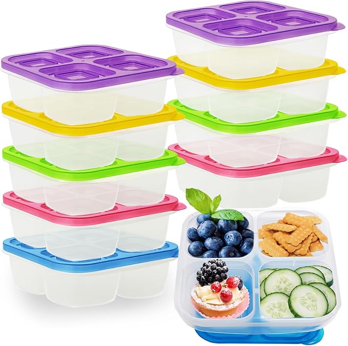 10 Pcs Multicolored Versatile Snack Boxes, 4-Compartment Lunch Containers, Reusable Food Containers with Lid for Travel, School, Work, Kids Adults