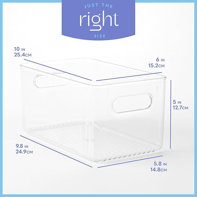 primebox Plastic Food Storage 2 Pack Clear Container Bin with Handles for Organizing Kitchen, Pantry, Refrigerator, Freezer, Pantry, Cabinet, Closet, Bathroom. 10”x6”x5”