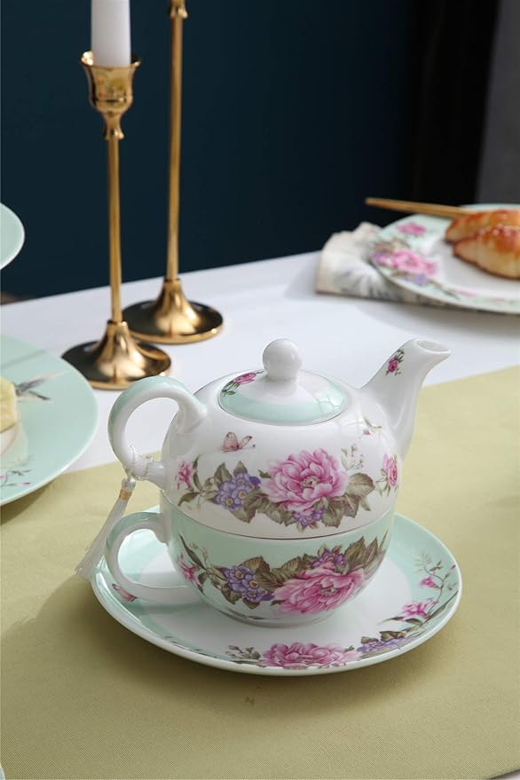 London Boutique Tea for One Teapot Cup Saucer Set Vintage Bird Rose Butterfly Flora New Bone China Gift Box (Teal)