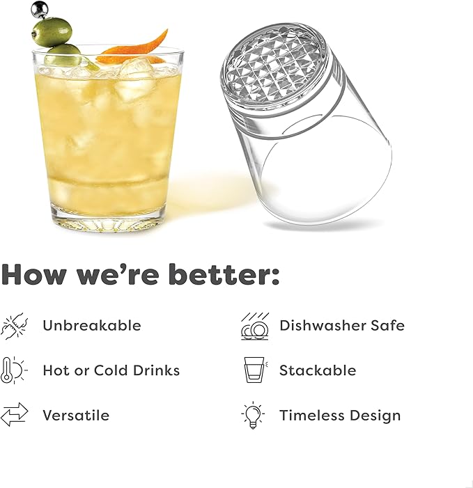 TOSSWARE RESERVE 12oz Stacking Double Old Fashioned - Diamond Base, SET OF 24, Premium Quality, Tritan Dishwasher Safe & Heat Resistant Unbreakable Plastic Whiskey Glasses