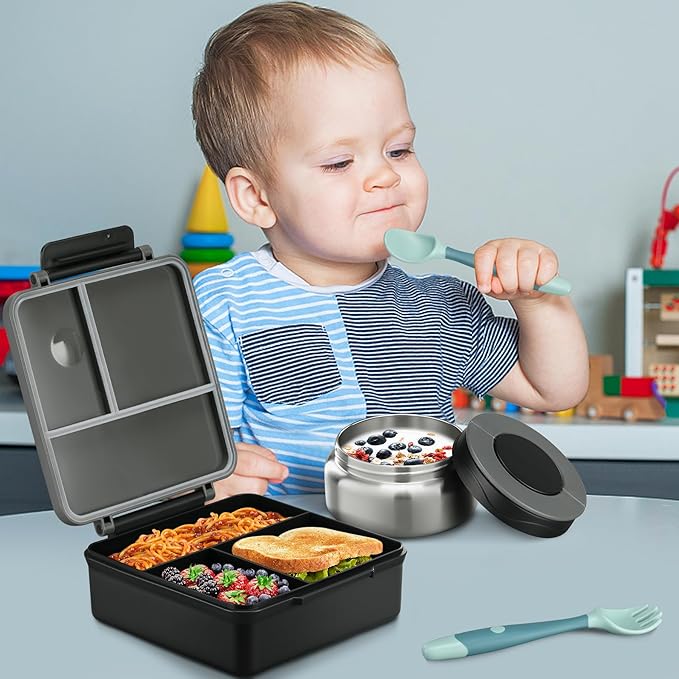 Itslife Bento Lunch Box for Kids with 8oz Soup Thermo&Lunch Bag, Leak-Proof Lunch Food Containers with 4 Compartment, Hot Food Insulated Food Jar for Kids School (Black)