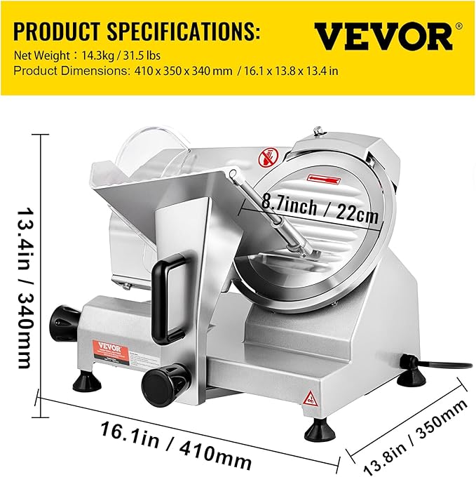 VEVOR Commercial Meat Slicer, 200W Electric Deli Food Slicer, 0-12mm Adjustable Thickness Electric Meat Slicer, 350-400RPM Slicer with 8.7'' Chromium-plated Steel Blade for Home & Commercial Use
