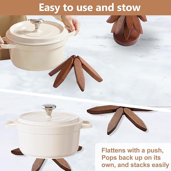 Wooden Tree Trivets for Hot Dishes, Wood Coasters Set of 5 for Hot Pots and Pans Stackable, DIY Wooden Christmas Tree Trivet (5 Walnut Trivets +1 Stand)