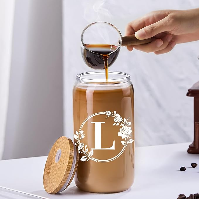 Birthday Gifts for Women, Monogrammed Initial Glass Cup Personalized Gifts for Women, 16oz Glass Cups with Lids and Straws, Iced Coffee Cup, Beer Can Shaped - Gift for Christmas, Birthday, L