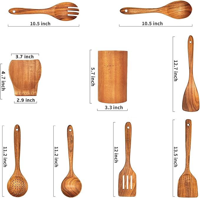Wooden Spoons for Cooking,9 Pcs Teak Kitchen Utensil Set Wooden Cooking Utensils Wooden Spatula for Cooking