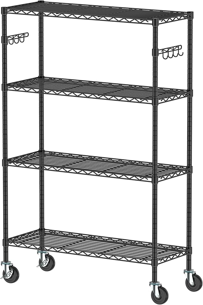 Wire Shelving on Wheels, 4-Tier Metal Rolling Storage Shelves Adjustable Steel Rack Organizer, Standing Wire Industrial Shelving for Kitchen Garage Pantry Office (4-Tier Shelf)