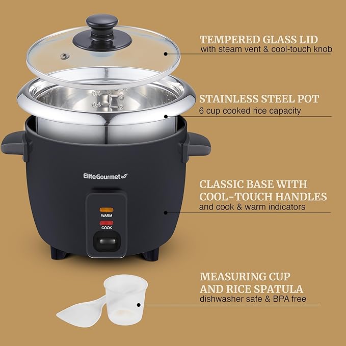 Elite Gourmet ERC006XSS 6-Cup Electric Rice Cooker with 304 Surgical Grade Stainless Steel Inner Pot, Makes Soups, Stews, Porridges, Grains and Cereals, 6 cup (3 cups uncooked), Black
