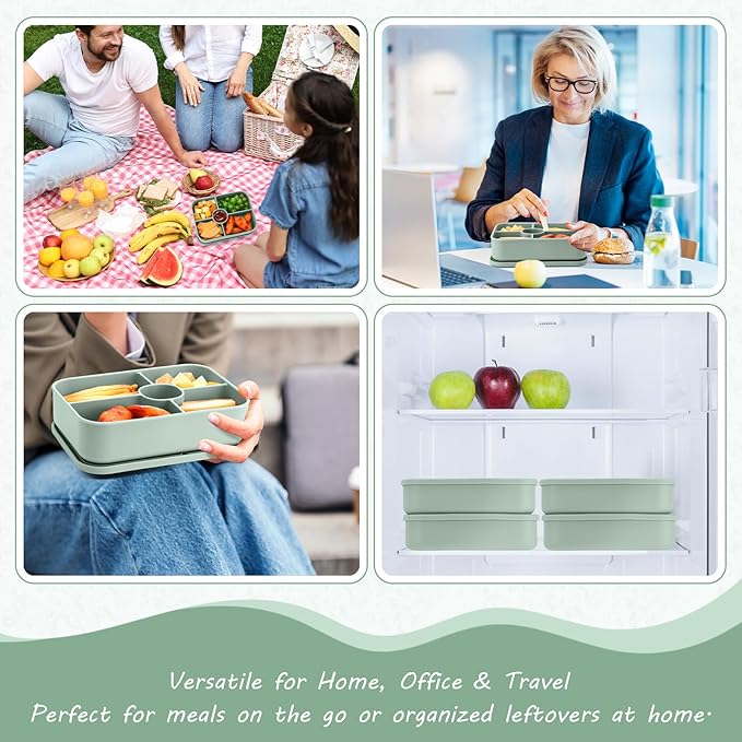 4 Pack Silicone Bento Boxes for Adults, 5 Compartment Reusable Lunch Containers with Sauce Section, Leakproof Meal Prep Snack Box Microwave & Dishwasher Safe for Work School Office(Green)