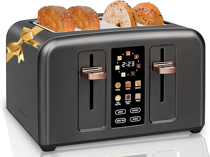 SEEDEEM Toaster 4 Slice, Full Touch control Toaster, LCD Display, 6 Bread Type, 7 Shade Settings, 1.4''Wide Slots，More Time Function, Removable Crumb Tray, 1800W, Dark Metallic