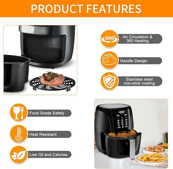 Air Fryer Accessories for Gourmia GAF536 GAF566 GAF556 5QT, 8.8''×8.4'' Nonstick Air Fryer Replacement Parts Tray Rack Grill Pan Grill Plate Basket Crisper Plate with Rubber Bumpers