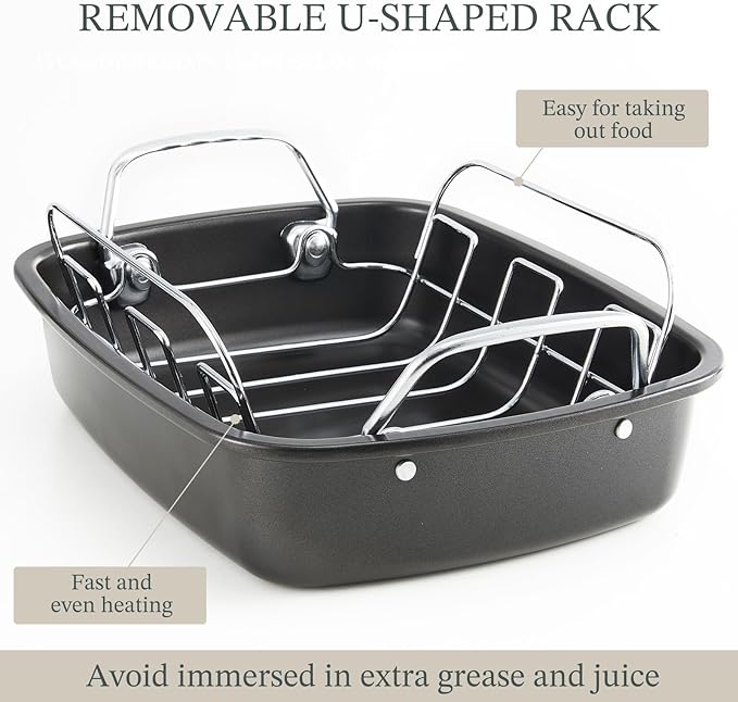 KITESSENSU Large Roasting Pan with Rack - 25 LB Nonstick Turkey Roaster Pan for Oven - Heavy Duty Carbon Steel Roasting Pan with Wider Handles for Chicken, Vegetables & Holiday Meals, Cream
