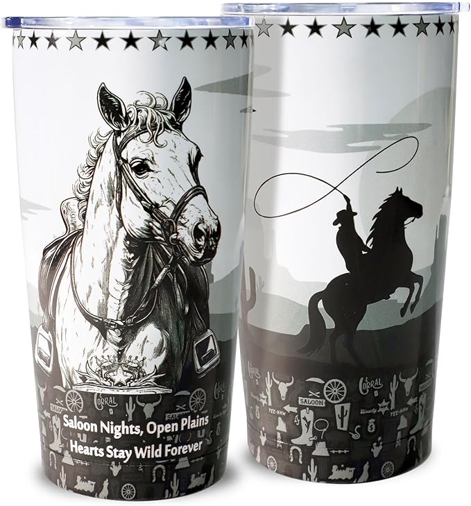 20oz Western Cowboy Horse Tumbler | Stainless Steel Double Vacuum Insulated | Leakproof Travel Mug for Keeps Drinks(20H Cold/5H Hot) | Cup Holder Friendly
